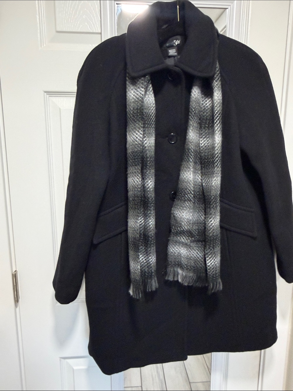 East 5th Black Coat with Gray Plaid Scarf